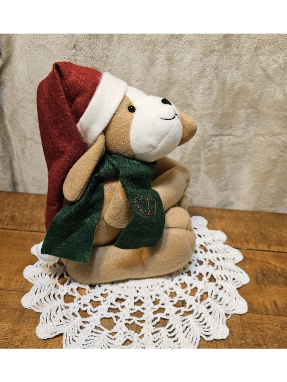 VTG Terry's Village Plush Dog Wearing a Santa Hat and A green Scarf Plush
